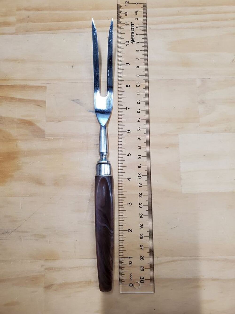 Vintage MCM Carving Fork Butterscotch Brown Bakelite Style Handle 11"
